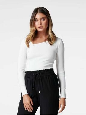 Forever New White Ribbed Long-Sleeve Square Neck Top